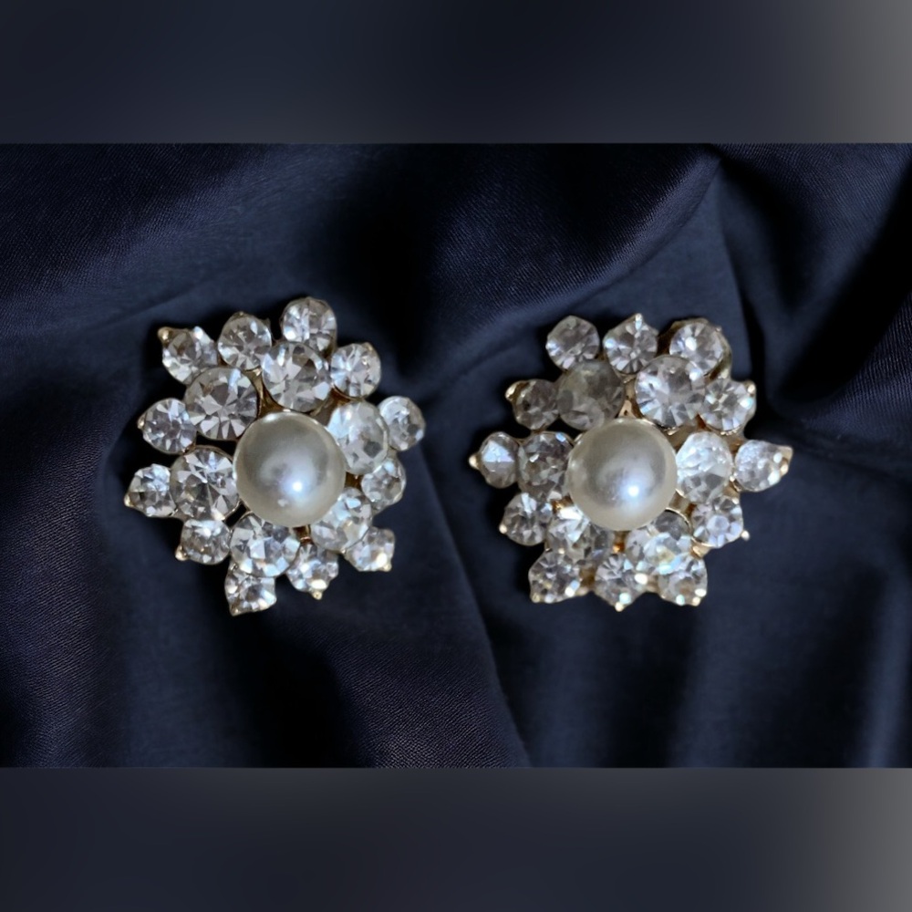 Faux pearl and diamond pierced earrings